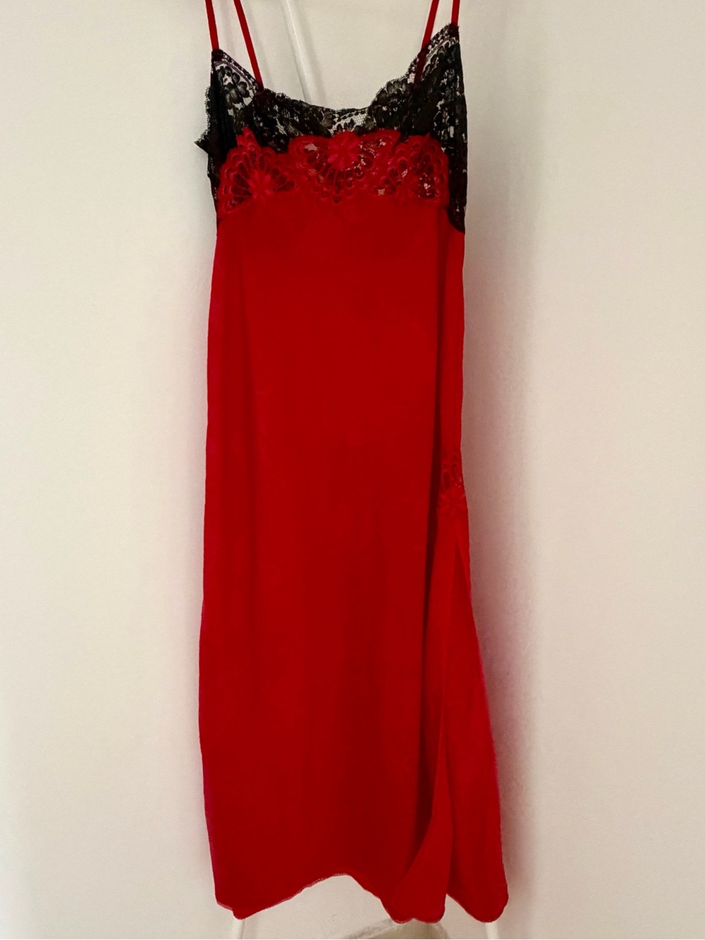 Red Lace-Trim Slip Chemise with Black Accents